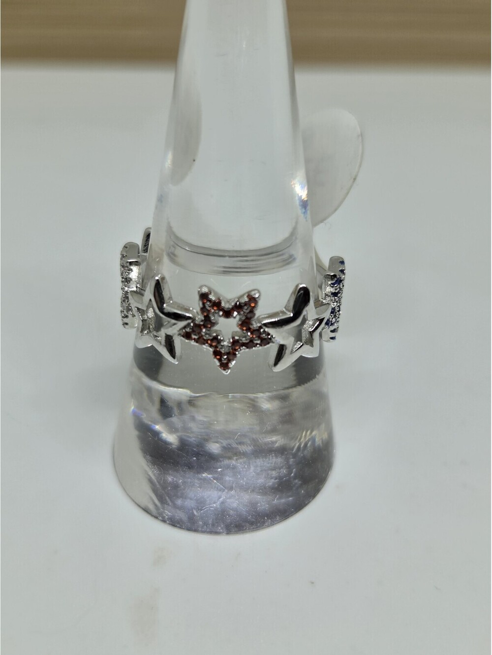 Fragrant Jewels Size 8 Celestial Star Ring Silver Tone Red Blue Clear Stones